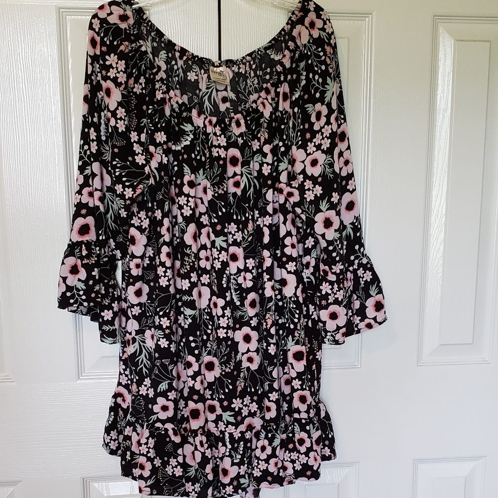 Terra & Sky Peasant Blouse Peach & Black Poppy 1X